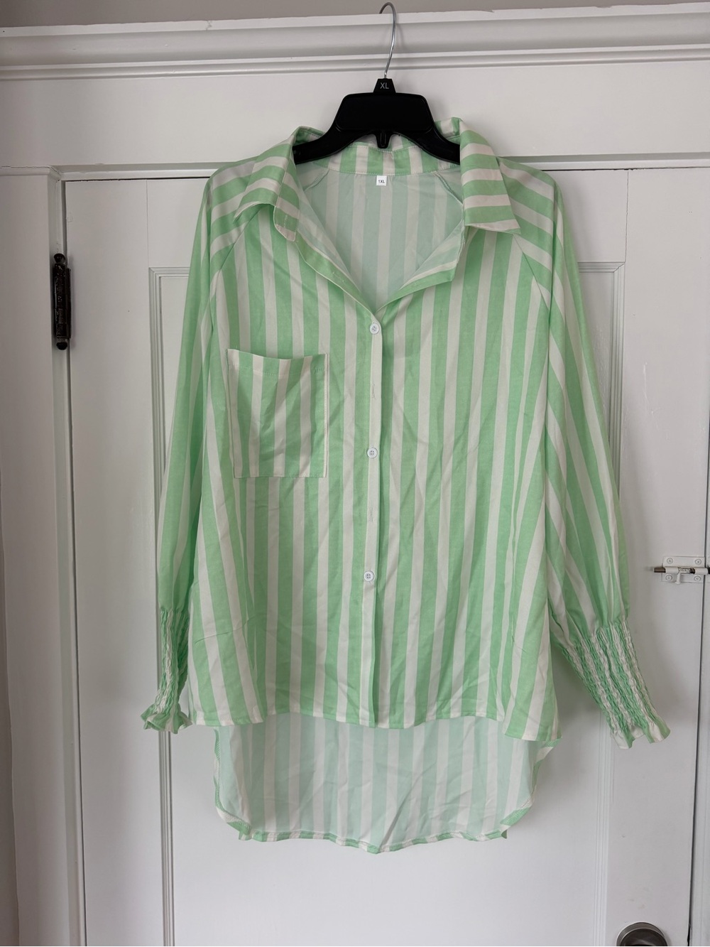 SHEIN Green and White Striped Button Down Shirt